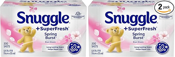 Snuggle Dryer Sheets, Spring Burst, 200 Count | Plus SuperFresh | Static Control | Odor Eliminating | Pack of 2