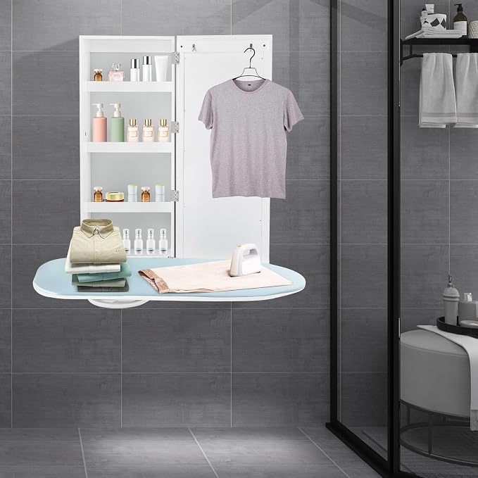 Wall Ironing Board Cabinet 180° Swivel with Mirror & Storage, Hooks, White | 180° swivel ironing board + full-length mirror + irons storage shelf + hooks. Holds 22 lbs. Folds to 8"D. For Home Apartment