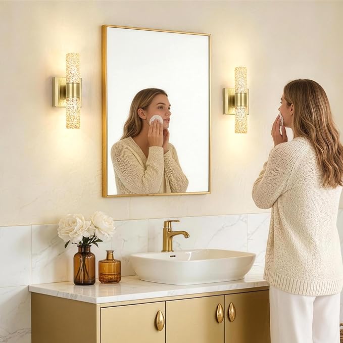 2 Pack Gold LED Wall Sconces, 10W 3000K Warm White Hardwired Wall Mounted Light Fixtures with Amber Crystal Glass, Modern Bathroom Vanity Lights for Mirror Living Room Bedroom Hallway