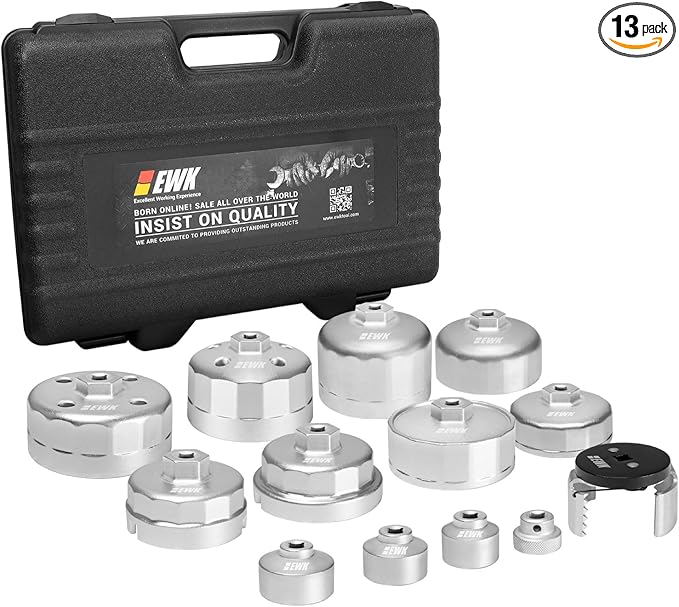 EWK 13 Pcs Forged Oil Filter Wrench Set (24–90mm), Aluminum Cup Tool Kit with Adjustable Wrench & Case, Fits Toyota, Ford, Mercedes, BMW, Audi, VW, Volvo, Chevrolet, Buick, GMC, RAM, Chrysler & More