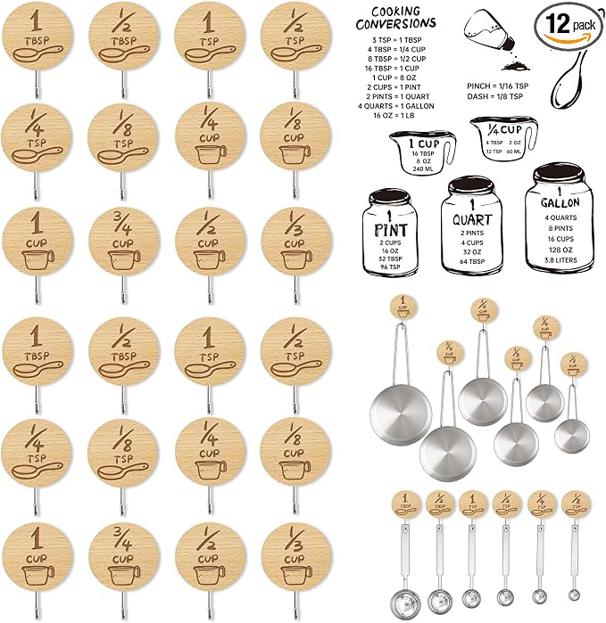 Measuring Cup and Spoon Organizer, 24 Pack Adhesive Wood Hooks for Hanging with 12 Kitchen Conversion Chart Stickers, Kitchen Hooks for Space Saving Storage