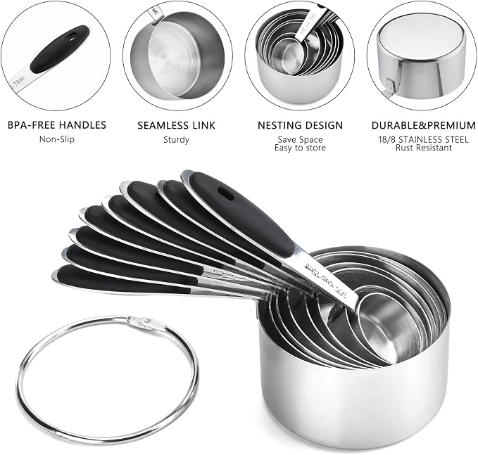 Measuring Cups and Spoons Set Stainless Steel Measuring Cups Double Sided Stackable Magnetic Measuring (Black)
