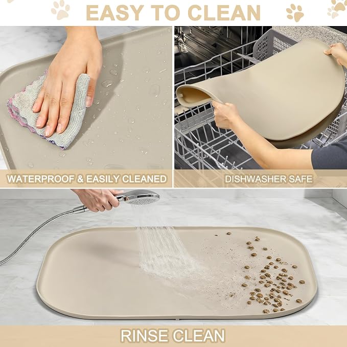 SMILOOL Waterproof Silicone Pet Food Mat with Raised Edge for Dog & Cat | 36" x 24" Non-Slip Large Pet Feeding Mats with Lip for Food & Water Bowl, Food Grade, Easy Cleaning, Beige