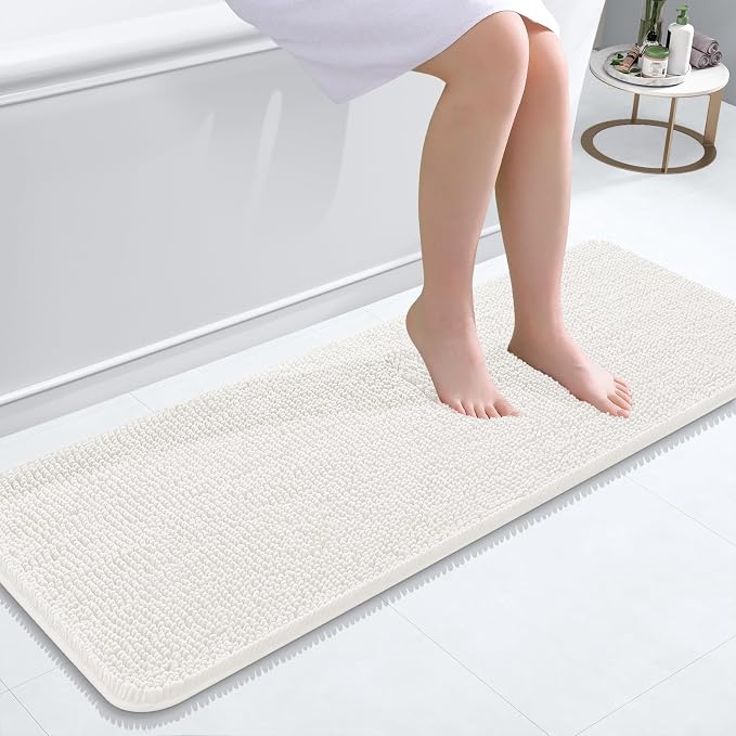 OLANLY Bathroom Runner Rugs 47x17, Extra Soft Absorbent Chenille Bath Rugs, Rubber Backing Quick Dry, Machine Washable Long Bath Mats for Bathroom Floor, Tub and Shower, Home Decor Accessories, Ivory