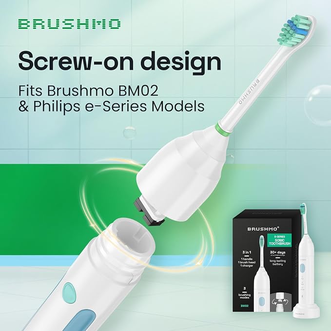 Brushmo e-Series Total Clean Replacement Toothbrush Heads, Compatible with Philips Sonicare Screw-on Electric Toothbrush Handles, 6 Compact Heads, Medium Firm Dupont Bristles, BM716, White