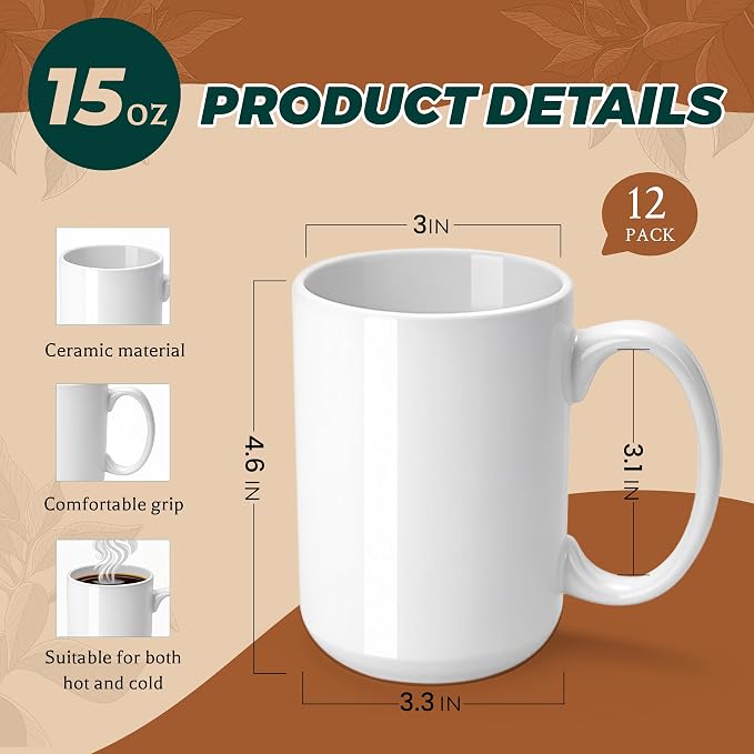 Joyclub Sublimation Mugs Blank 15 oz Coffee Mugs Bulk White Ceramic Cups with Handle Tazas Para Sublimar for Coffee Latte Tea Milk Soup DIY Gifts