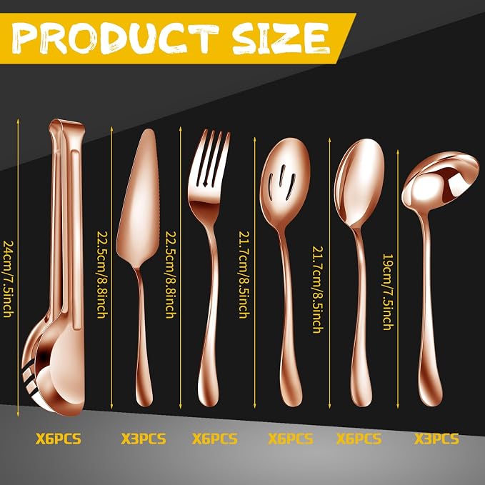 Thenshop 30 Pcs Serving Utensils Set Stainless Steel Flatware Serving Set Include Large Spoons Slotted Spoons Forks Soup Ladle Pie Server and Tongs for Buffet Catering Party Restaurant(Rose Gold)