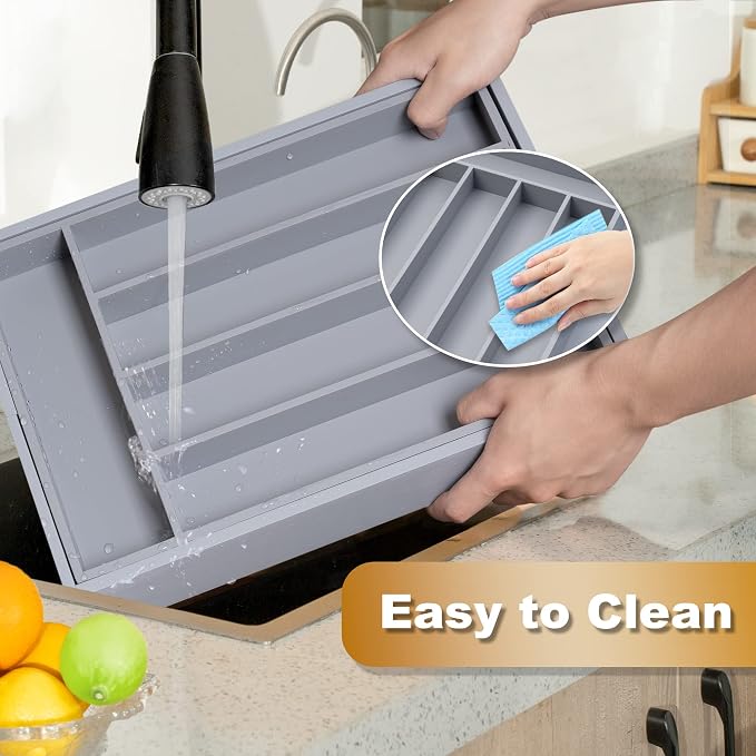 Besilord Bamboo Silverware Holder - Drawer Organizer with 5 Slots (Gray)