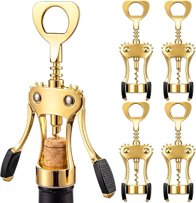 Hushee 5 Pcs Wing Corkscrew Opener, Zinc Alloy Heavy Duty Multifunctional Wine Bottle Opener for Restaurant, Bar, Waiters, Ideal for Wedding Shower Party Favors Gifts (Silicone,Gold)