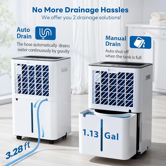 FreAire 54Pint 4500Sq.Ft Dehumidifier for Basement with Drain Hose, 30dB Quiet Compressor Dehumidifiers for Home, Front LED Digital Humidity Display for Bedroom, Bathroom, 1.13 Gallon Water Tank