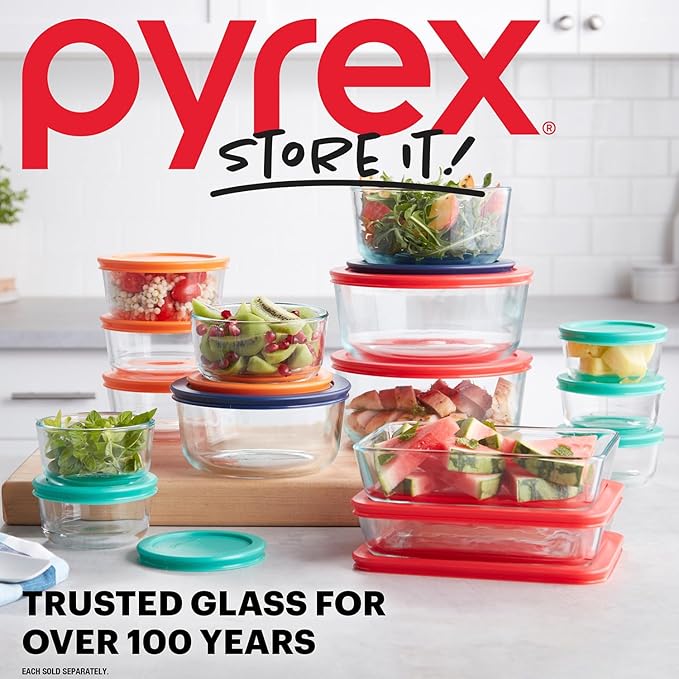 Pyrex Simply Store (7-Pack) Glass Food Storage Containers Set, (1, 2, 4 & 7 Cup) Meal Prep Containers With Plastic BPA-Free Lids, Dishwasher & Microwave Safe | Meal prep containers (1, 2, 4 & 7 cup) with BPA-free plastic lids, microwave & dishwasher safe