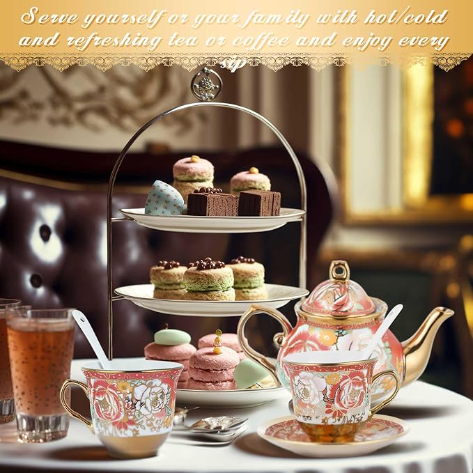 Zhehao 20 Pcs Porcelain Tea Set with Metal Holder and Spoon Adult Ceramic Tea Set European Flower Painting Teapot Cup Saucer Spoon for Women Mom Gift, Large Version (Noble Style)
