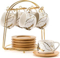LUKA Ceramic Espresso Cups with Saucers and Metal Stand, Small 4 oz Porcelain Demitasse Cups Set of 6, Cute Cappuccino Coffee Cups for Double Espresso, Tea, Marbling White