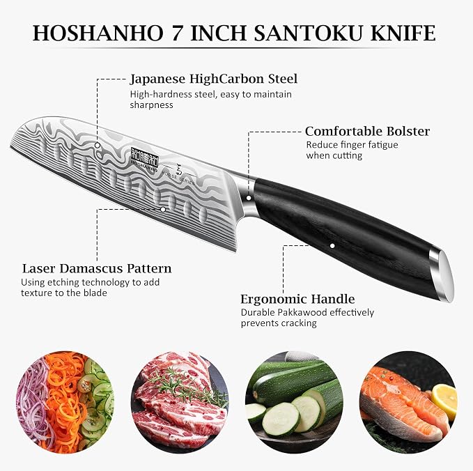 HOSHANHO 7" Santoku Knife, Japanese High Carbon Powder Steel Kitchen Knife | Ultra Sharp Chefs Knife for Meat/Vegetables, Kitchen Santoku Knives with Ergonomic Pakkawood Handle, Ideal for Slicing