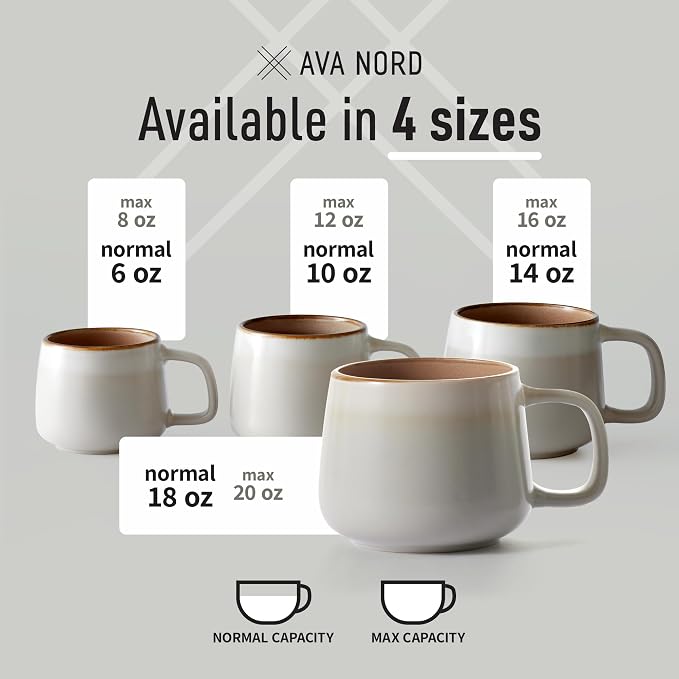 Ava Nord Large Stoneware Ceramic Coffee Mugs Set of 2 | 20 oz | Sage Ash | Lead-Free, Non-Toxic, Freezer - Microwave & Dishwasher Safe, Comfortable Handle, Aesthetic Nordic Design for Tea, Cocoa