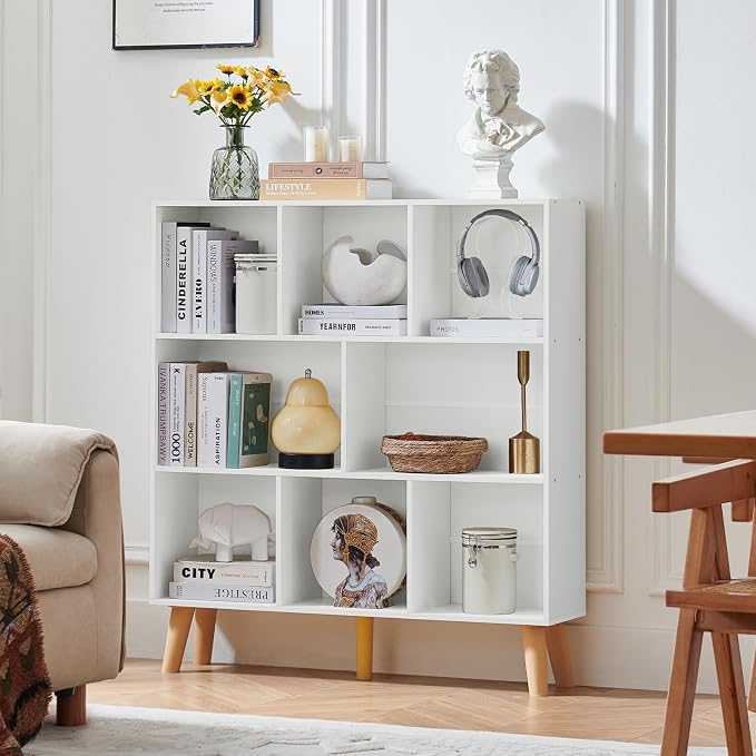 LEYAOYAO 8 Cube Bookshelf, Mid-Century Modern Book Shelf with Legs, White | 3 Tier Bookcase, Rustic Wood Bookshelves Freestanding Large Storage Organizer, Open Shelves for Bedroom, Living Room, Office