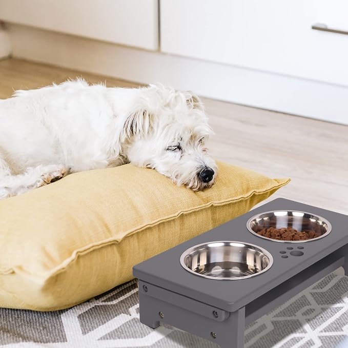 HTB Elevated Dog Bowl Stand with 2 Stainless Steel Bowls-4" H Small Grey | Raised Dog Bowl Stand, 4"tall, 21 Oz Bowls, for Small Sized Dogs, Pet-safe, Solid Bamboo
