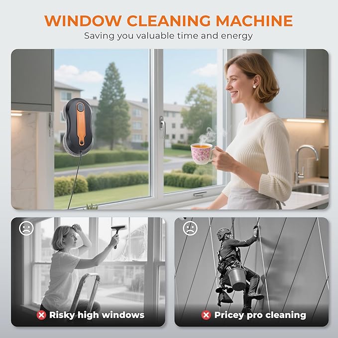 FRUITEAM Automatic Window Cleaner Robot with Dual Direction Auto-Spray, APP and Remote Control, Smart Path Detection, Triple Safety System Anti-Drop for High-Rise Windows, Glass,Door, with 8 Rags