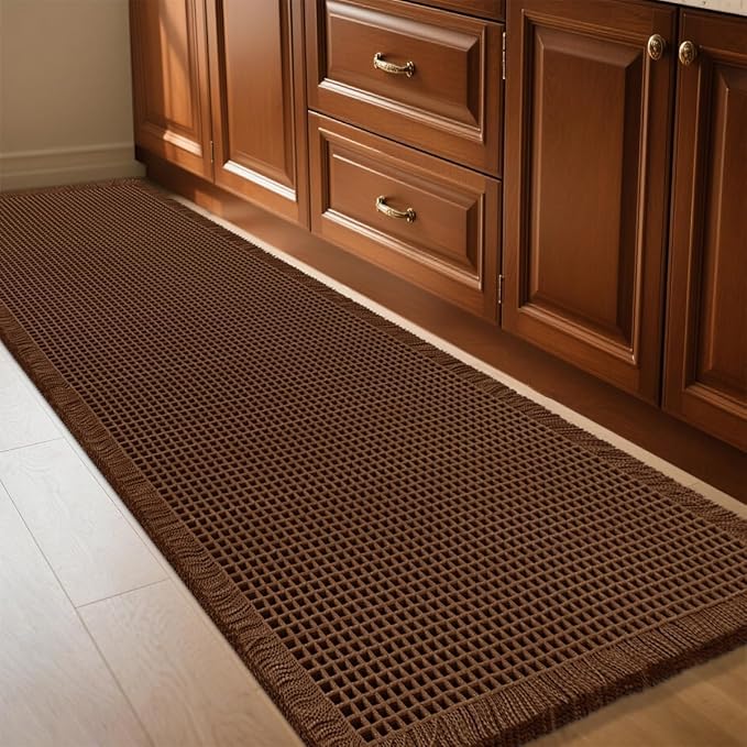 Extra Large Waffle Bath Mat Brown 6'x2'(72" x 24"), Boho Woven Modern Bath Mat Rugs, Absorbent Non Slip Bathroom Rugs, Soft Washable Bath Rugs with Tassels for Bathroom, Bedroom, Kitchen, Shower, Tub