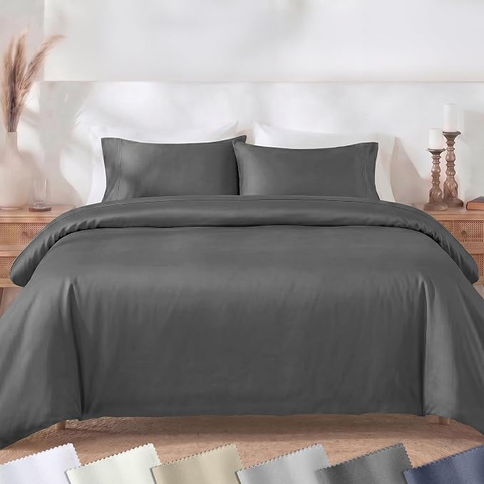 California Design Den 3-Piece Oversized King Duvet Cover Set - 400 Thread Count Sateen, Soft Comforter Cover Set, Button Closures, Corner Ties, Durable Bedding - Grey