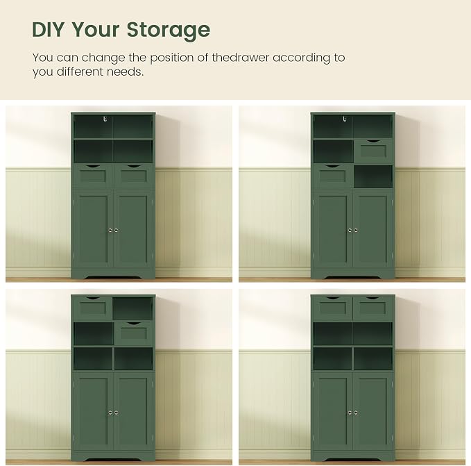 Iwell Bathroom Storage Cabinet with Adjustable Shelf, Storage Cabinet with Doors, Kitchen Pantry Storage Cabinets, Cupboard, for Living Room, Dining Room, Entryway, Green