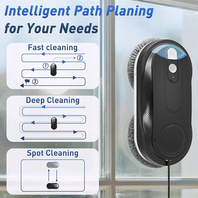 KKI Window Cleaning Robot, Automatic Window Cleaner Robot, Dual Spray, Max 3200Pa, AI Path Planning & Edge Detection, Remote Control for High-Rise Windows, Indoor/Outside,8Cloths