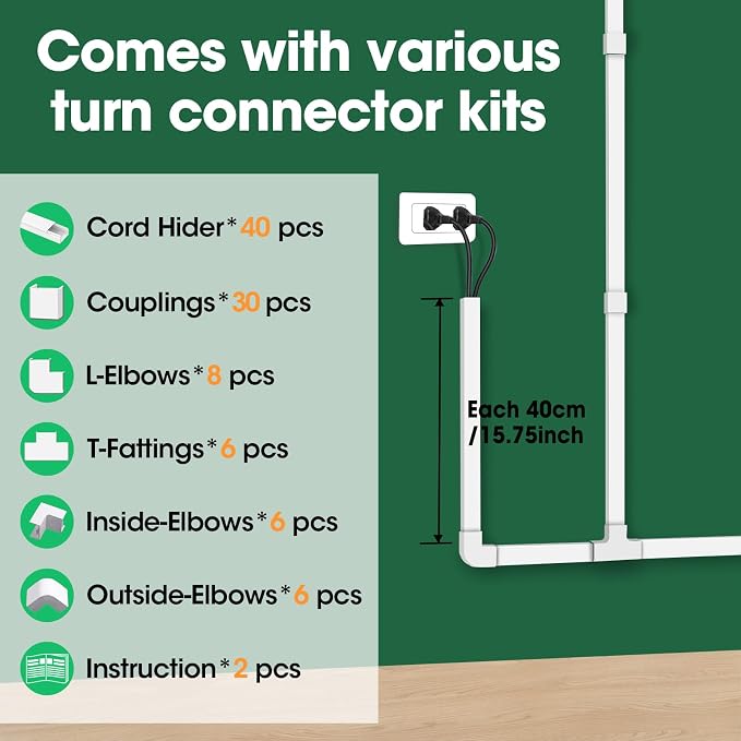 AZEN Cord Hider Kit, 630in Cord Covers for Wires on Wall, Paintable Wire Covers for Cords on Wall, Self-Adhesive Cable Hider Cord Organizer, Wire Hiders, 40X L15.75in X W0.96in x H0.57in