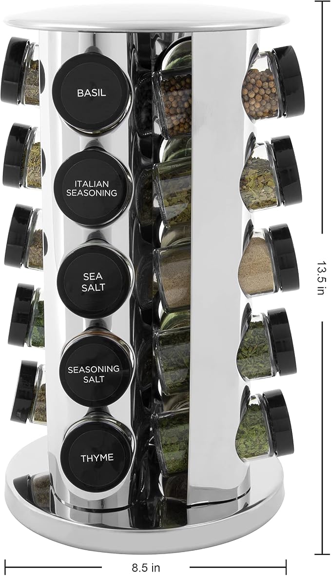 Kamenstein Revolving Countertop Spice Rack with Spices Included, FREE Spice Refills for 5 Years, Polished Stainless Steel with Black Caps, 30020, 20 Jar (Pack of 3)