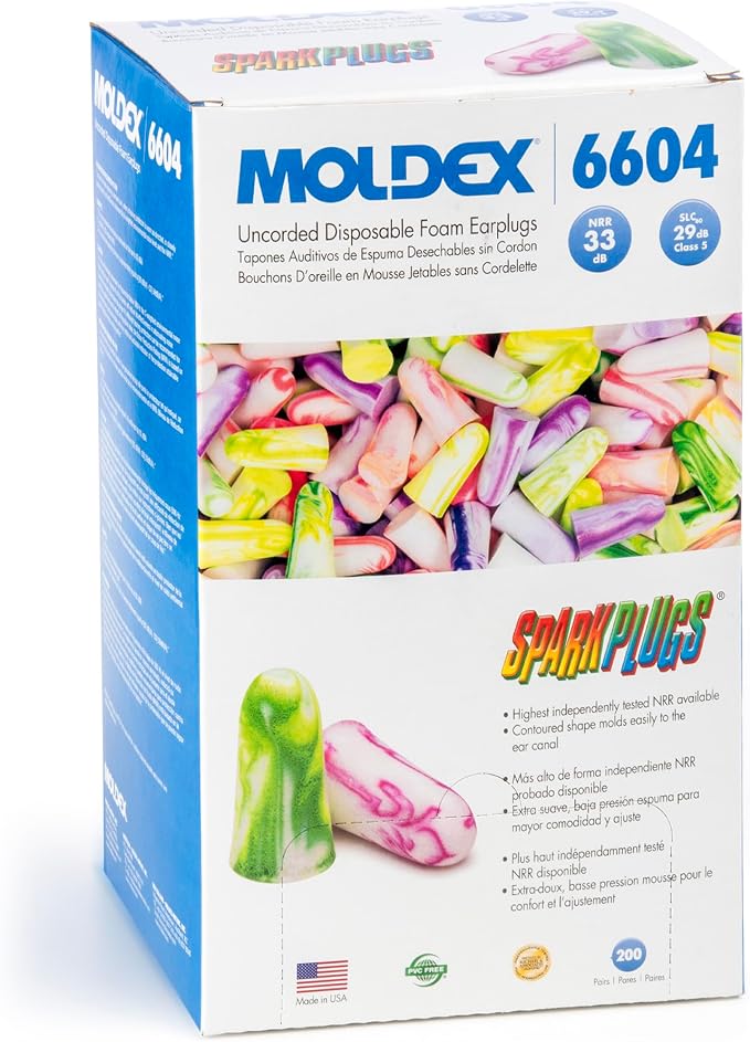 Moldex SparkPlugs Foam Earplugs – Soft, Comfortable, Uncorded, Disposable Ear Plugs, NRR 33dB Noise Reduction for Hearing Protection, Made in USA, 200 Pairs, 6604