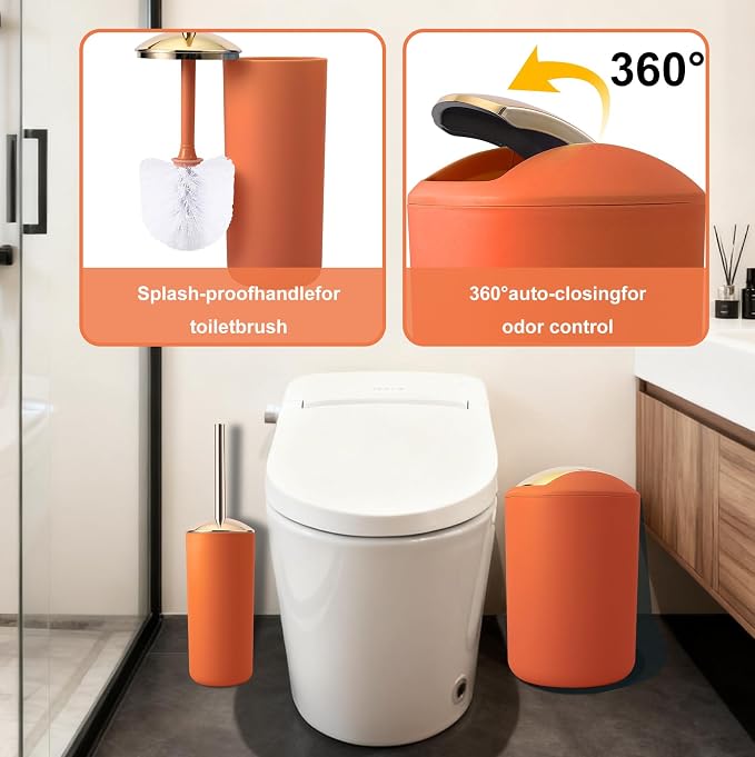 25 Pieces Bathroom Set Orange and Gold Bathroom Accessories Set, Shower Curtain and Rugs, Trash Can, Toilet Brush, Soap Dispenser, Soap Dish, Toothbrush Holder, Tumbler, Tray, Qtip Holder