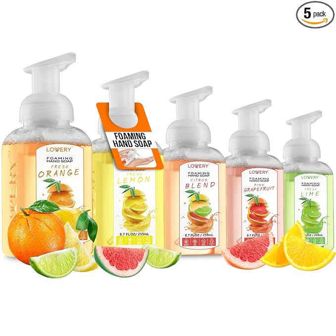 Foaming Hand Soap Pump - 5-PK - Moisturizing Hand Soap Foam with Aloe Vera & Essential Oils - Alcohol-Free Hand Wash in Citrus Blend, Lemon, Orange, Lime, Grapefruit Fragrances for Kitchen & Bathroom