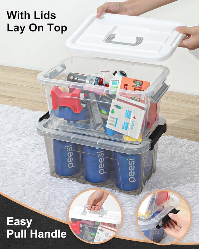 NUMIFUN Plastic Storage Bins With Lids 6 Pack Storage Organizer Bins, 7 Quart Stackable Storage Bins with Lids and Black Handle Buckle Easy for Home Office Organization, White