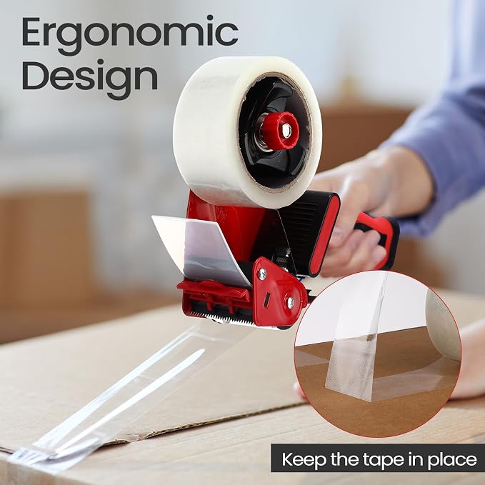 Dunzoom 2 Pack Packing Tape Dispenser Gun with 12 Roll Packing Tape 2 Inch Gun 2.7 Mil Heavy Duty Packaging for Shipping, Moving, Carton and Box Sealing(Black and Red)