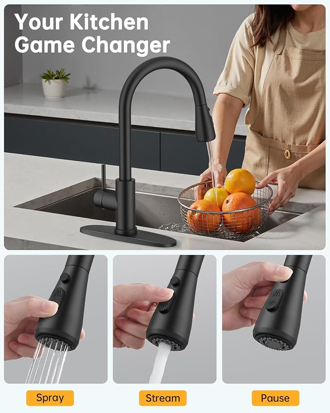 Hiqufet Kitchen Faucet, Pull Down Sprayer, Deck Plate, Matte Black | Easy Install, 360 Swivel, 3 Spray Modes, High Arc Spout, Fits 1- or 3-Hole Sinks, SUS304 Stainless Steel