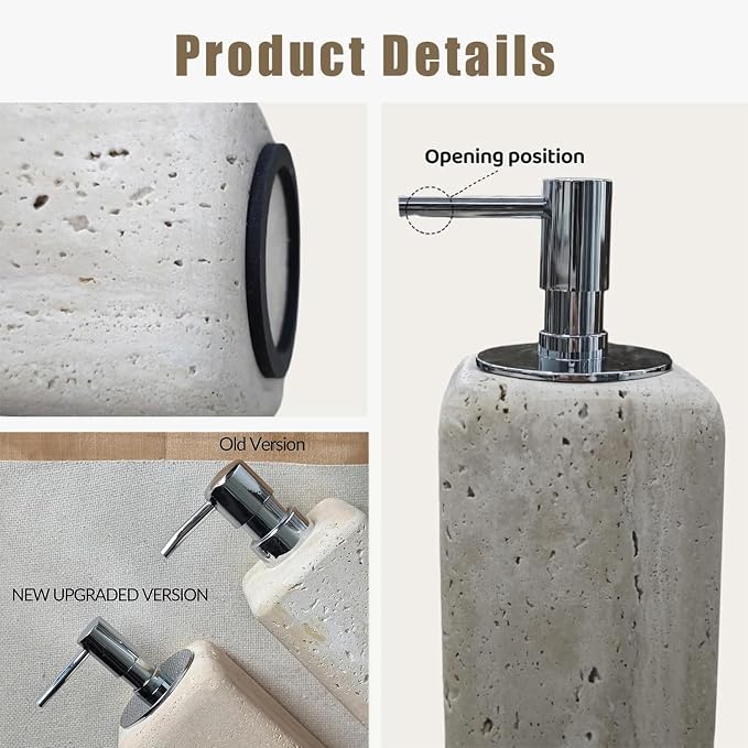 Travertine Soap Dispenser Bathroom Accessories, Natural Organic Premium Square Stone Lotion Dispenser with Metal Pump, Elegant Kitchen Hand Lotion Jar Soap Pump for Laundry Room Home Decor (Natural)