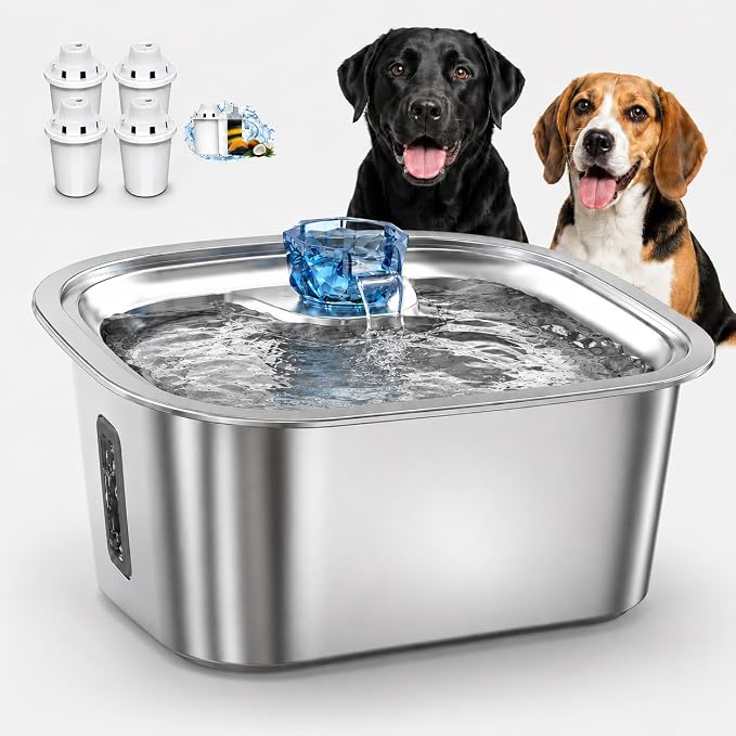 PETNF 3-Gallon Stainless Steel Dog Water Fountain for Large Dogs, Dog Water Bowl Dispenser with 4 Filters, Visible Water Window, Quiet Pump & LED Low-Water Indicator