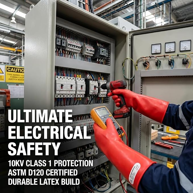10KV Tested Electrical Insulated Gloves, Max Usage 3000V AC Natural Latex Safety Work Gloves for Electrician, Hybrid EV Car Repair, HVAC & Lineman - Red
