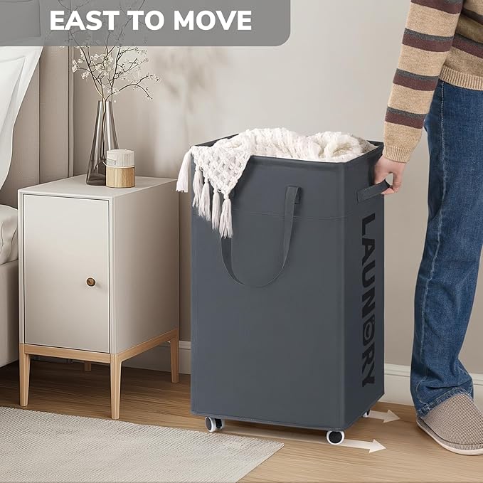 Goodpick Laundry Basket with Wheels, Laundry Hamper with Removable Wash Bag, Clothes Hamper, Rolling Laundry Basket, Dorm Room Essentials, 75L, Grey