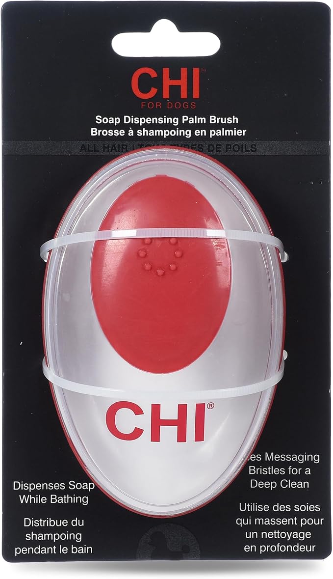CHI for Dogs Soap Dispensing Palm Brush, Handheld Dog Bathing Scrubber with Built-In Shampoo Dispenser, Soft Rubber Bristles for Massaging and Deep Cleaning All Dog Coat Types, Red