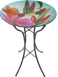 Teamson Home Handpainted Hummingbird Fusion Glass Birdbath Bowl Feeder with Metal Stand for Outdoor Patio Garden Backyard Decking, 21 Inch Height, Purple/Light Blue | Fusion Glass, Metal Stand, Outdoor Patio Garden Backyard Decking, 21 Inch Height