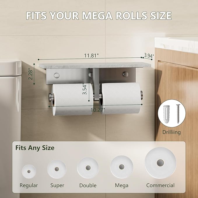 Marble Toilet Paper Holder with Shelf,Doulble Bathroom Tissue Roll Holder,304 Stainless Steel Toilet Paper Holder Wall Mounted,Modern Tissue Holder for Bathroom Washroom,Brushed Nickel