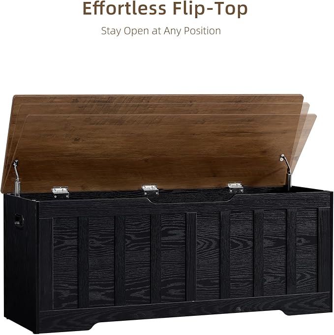 VANKILEY 47.2" Storage Chest Extra Large,Storage Trunk with 2 Safety Hinges,Wooden Storage Bench,Shoe Bench,47.2x15.7x19.1 Inch,Easy Assembly,Storage Bench for Bedroom,Living Room,entryway(Black+Brown