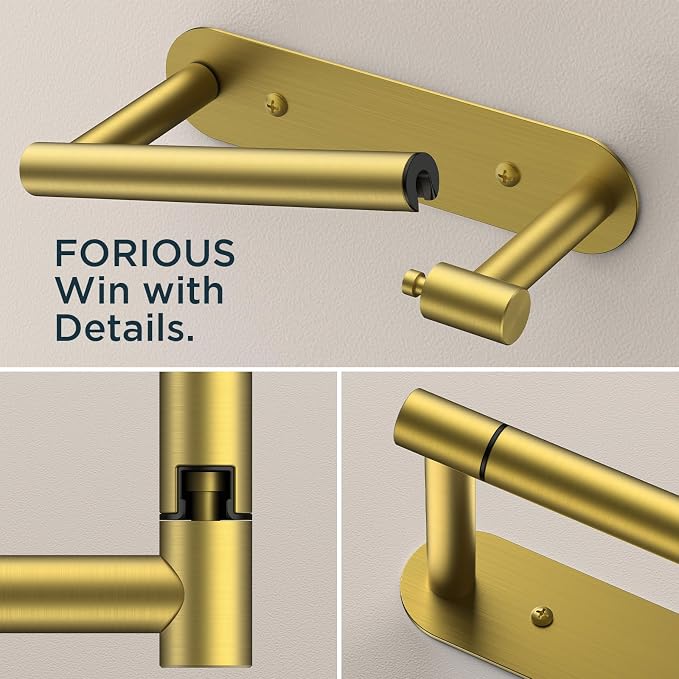 FORIOUS Toilet Paper Holder, Adhesive or Screw Wall Mount Pivoting Tissue Roll Holder for Bathroom, Stainless Steel Rustproof Self Adhesive Toilet Paper Roll Dispenser no Drilling, Brushed Gold