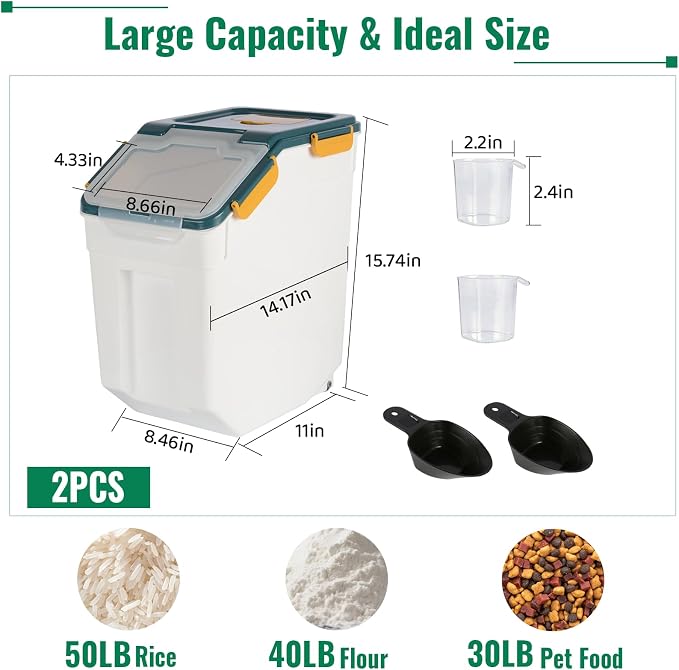 2 Pack Rice Container 50 lbs Large Bulk Flour Sugar StorageHoldhouse Plastic Grain Cereal Dry Goods Bin with Spoon and Measuring Cupfor Kitchen Pantry Organization - Blue