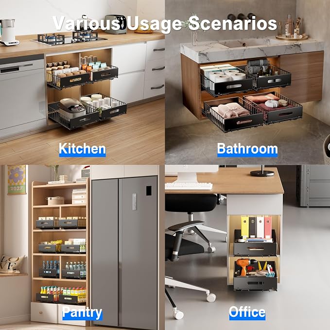 Mustorn 2 Pack Pull Out Cabinet Organizer, Slide Out Drawers for Cabinets, Peel and Stick, Heavy Duty Shelves for Kitchen, Cupboard, Pantry, Bathroom (16.5"D*11.8"W*3.94"H-Black)