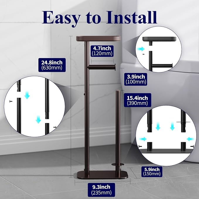 Kitsure Toilet Paper Holder Free Standing – Rustproof Metal Toilet Paper Stand for 4 Rolls with Anti-Slip Base and Shelf for Phone & Small Items, Bathroom Organizers and Storage, Medium, Brown