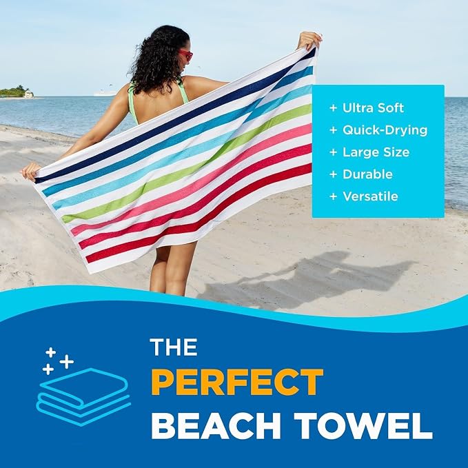 Ben Kaufman Terry Cabana Striped Towels - Oversized Towel for Beach & Pool - Soft Cotton Towels with Absorbent Design - Striped Beach & Pool Towels for Adults & Kids - 6 Pack