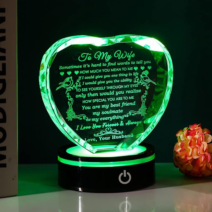 YWHL Gifts for Wife with Colorful LED Base Romantic Wedding Anniversary I Love You Gifts for Her Best Wife Birthday Gift Ideas to My Wife Crystal Keepsakes Presents from Husband