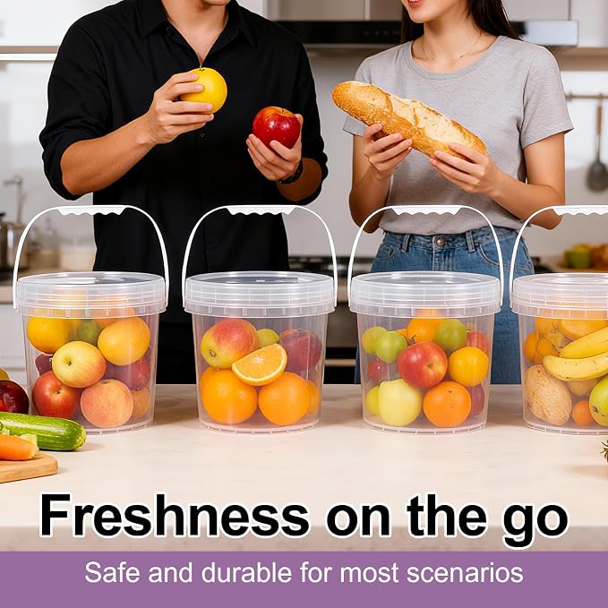 4 Pack 1 Gallon Food Grade Plastic Buckets with Screw Lids & Handle, Reusable Storage Containers for Snacks, Salad, Sauce - Clear Freezer Safe Bucket Set