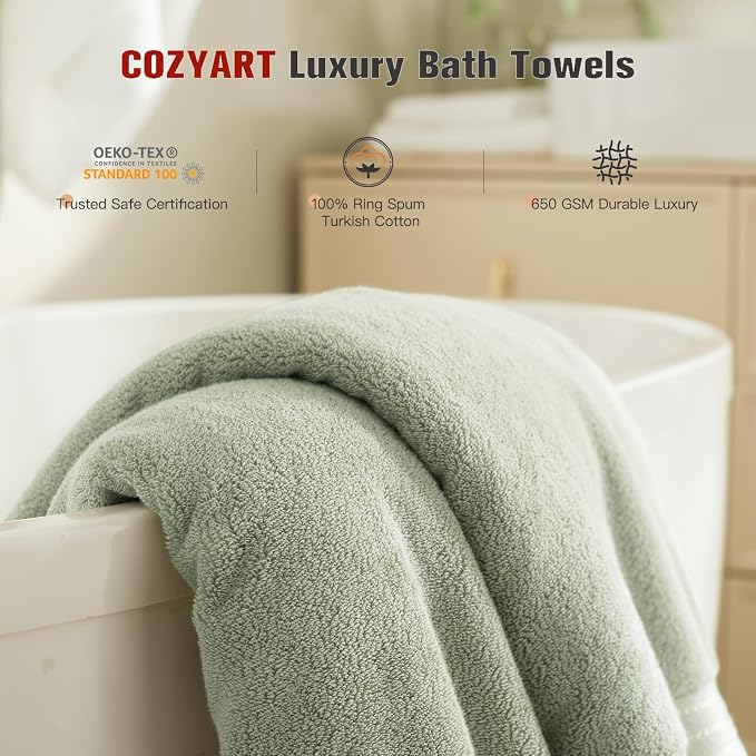 COZYART Luxury Hand Towels 4 PCS, Sage Green 100% Turkish Cotton 650 GSM | OEKO-Tex 100 Certified Zero Twist Ring Spun, Soft Absorbent Quick Dry, Plush Fluffy, Breathable Hotel Quality for Daily Use